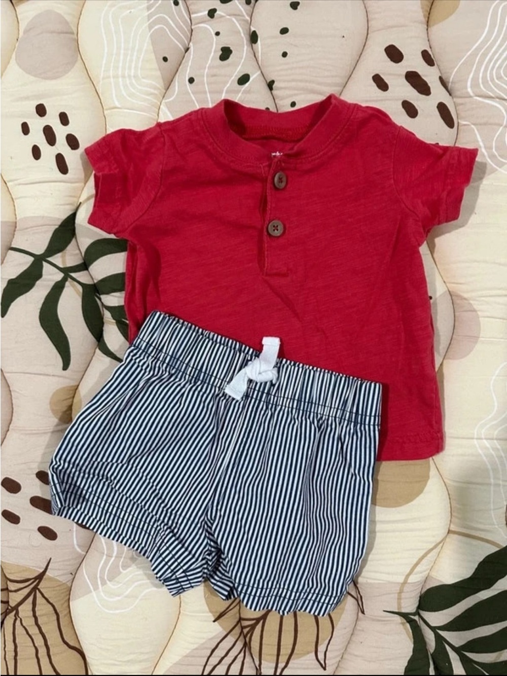 Carter's Red Henley Tee with Navy Striped Shorts